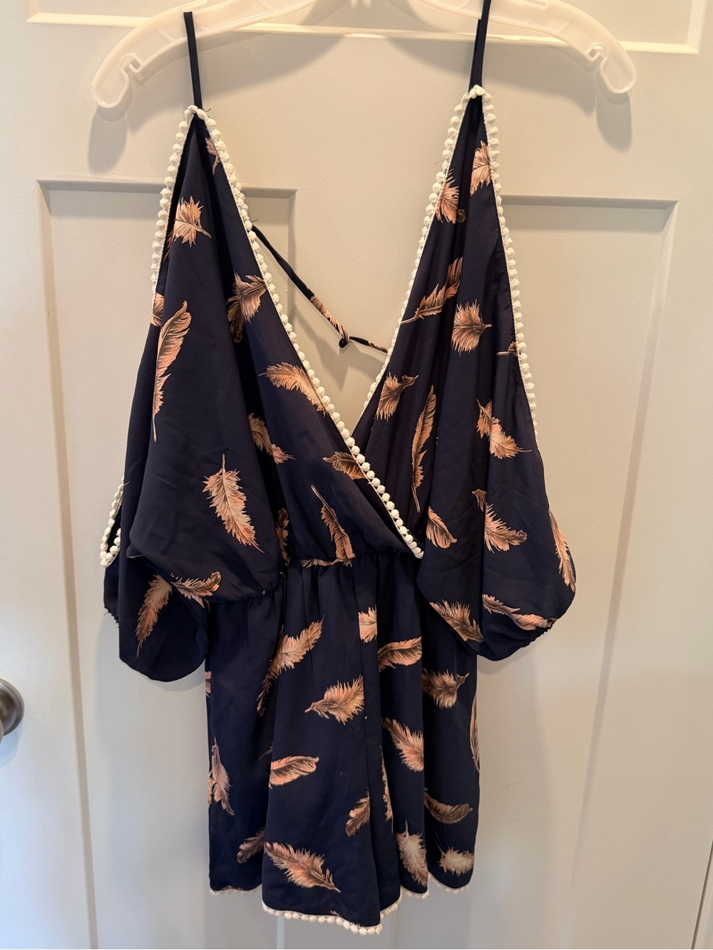 Papaya Feather Print Romper Medium Navy Boho Pom Trim Cold Shoulder
